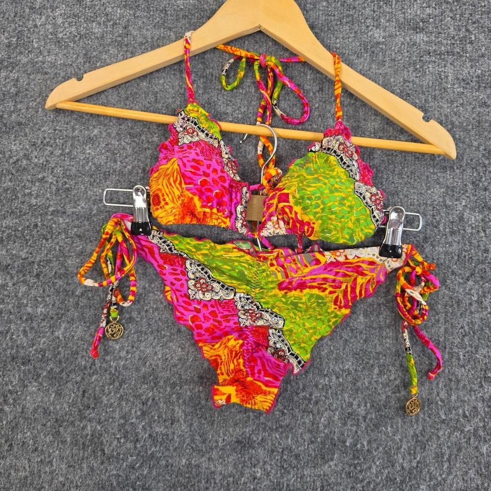 Luli Fama Bikini Set S/M Triangle Top Side Tie Bottom Neon Tropical Fun Beach